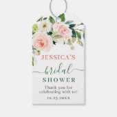 エレガントなユーカリとコーラルピンクの花のブライダルシャワー ギフトタグ (正面)