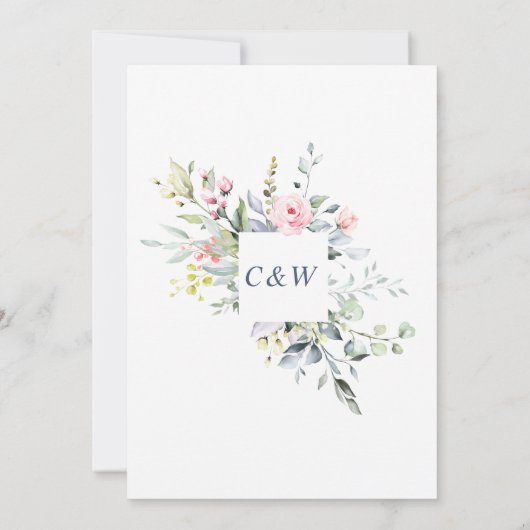 エレガントなユーカリとバラのブッシュ フラワー ウェディング セーブザデート (裏面)