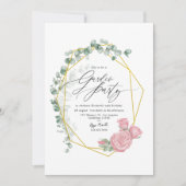 エレガントなユーカリとピンクのバラのガーデンパーティー 招待状 (正面)