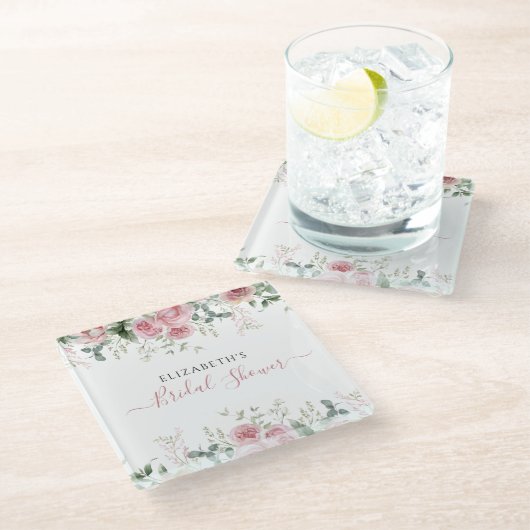 エレガントなユーカリとピンクのバラの招待状 ガラスコースター (アングル)