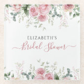 エレガントなユーカリとピンクのバラの招待状 ガラスコースター (正面)