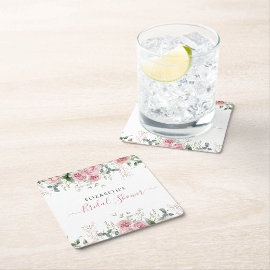 エレガントなユーカリとピンクのバラの招待状 スクエアペーパーコースター (インサイチュ)