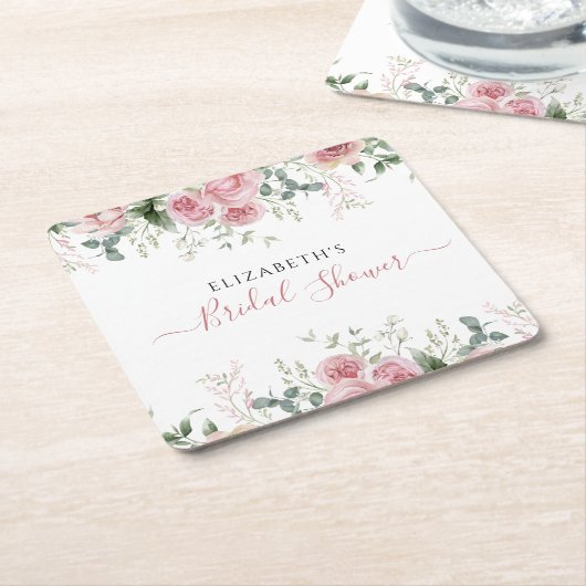 エレガントなユーカリとピンクのバラの招待状 スクエアペーパーコースター (アングル)