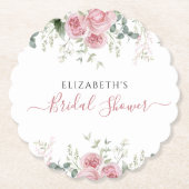 エレガントなユーカリとピンクのバラの招待状 ペーパーコースター (正面)