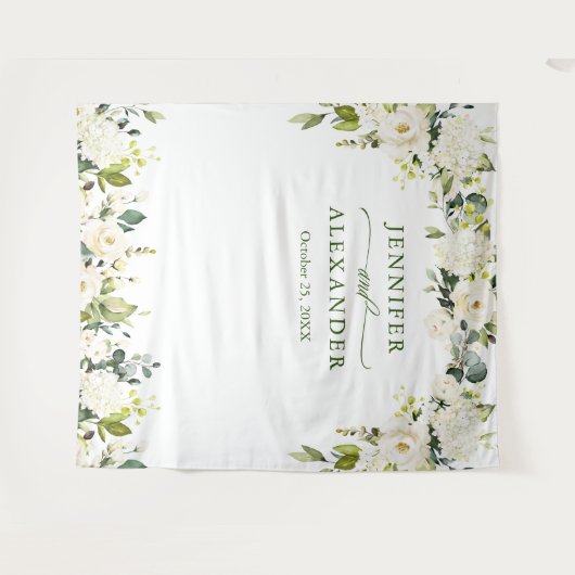 エレガントなユーカリと白いバラのウェディングバックドロップ タペストリー (正面(横))