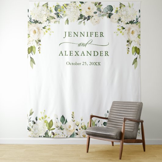 エレガントなユーカリと白いバラのウェディングバックドロップ タペストリー (インサイチュ)