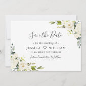 エレガントなユーカリと白いバラのウェディングフォト セーブザデート (裏面)