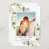 エレガントなユーカリと白いバラのウェディングフォト セーブザデート (正面/裏面)