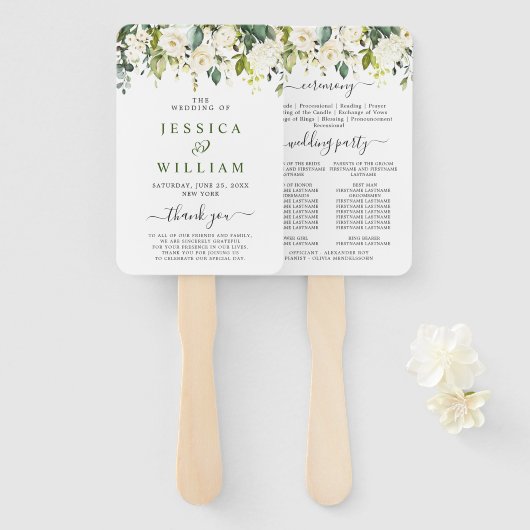 エレガントなユーカリと白いバラのウェディングプログラム ハンドファン (正面&裏面)