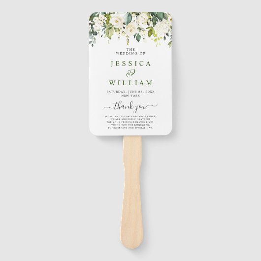 エレガントなユーカリと白いバラのウェディングプログラム ハンドファン (正面)