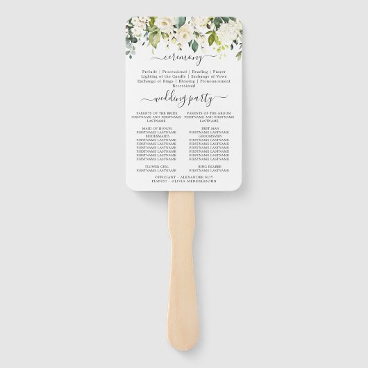 エレガントなユーカリと白いバラのウェディングプログラム ハンドファン (裏面)