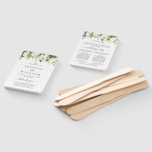 エレガントなユーカリと白いバラのウェディングプログラム ハンドファン (組立なし)