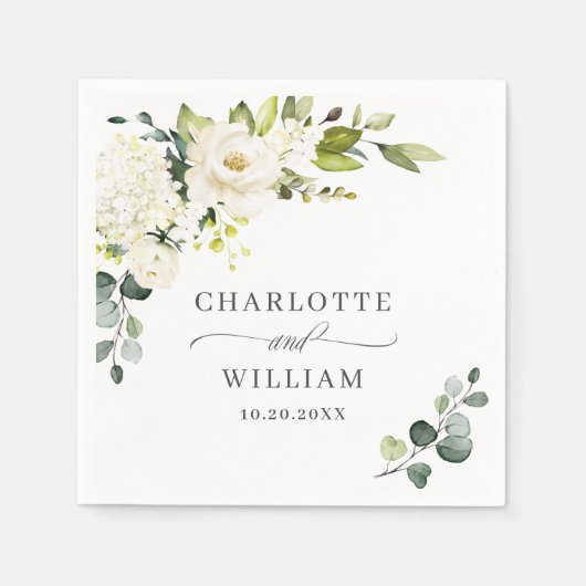 エレガントなユーカリと白いバラの花のウェディング スタンダードカクテルナプキン (正面)