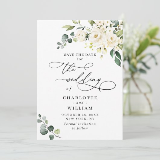 エレガントなユーカリと白いバラの花のウェディング セーブザデート (スタンド正面)