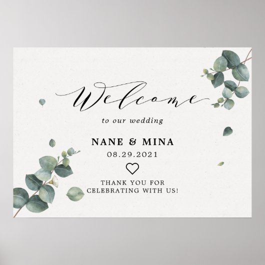 エレガントなユーカリのウェルカムウェディングサイン ポスター (正面)