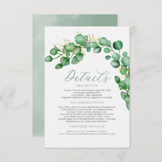 エレガントなユーカリのグリーンウェディングの詳細 エンクロージャーカード (正面/裏面)
