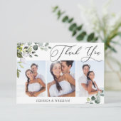 エレガントなユーカリのグリーン3枚の写真 ウェディング サンキューカード (スタンド正面)