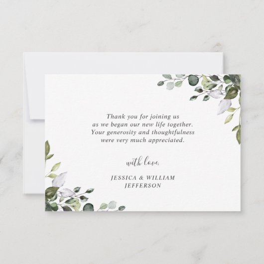 エレガントなユーカリのグリーン3枚の写真 ウェディング サンキューカード (裏面)