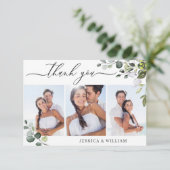 エレガントなユーカリのグリーン3枚の写真 ウェディング サンキューカード (スタンド正面)