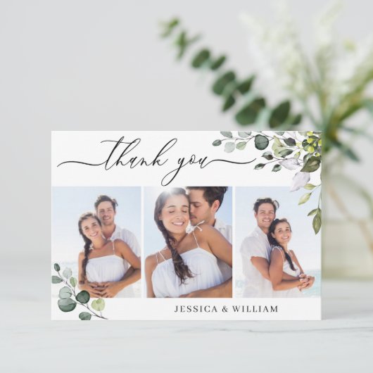 エレガントなユーカリのグリーン3枚の写真 ウェディング サンキューカード (スタンド正面)