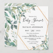 エレガントなユーカリのグリーン ゴールドフレーム ベビーシャワー 招待状 (正面/裏面)