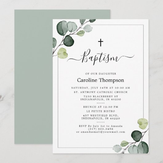 エレガントなユーカリのグリーン　洗礼式 招待状 (正面/裏面)
