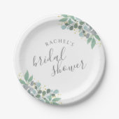 エレガントなユーカリのダスティーブルー ブライダルシャワー ペーパープレート (正面)