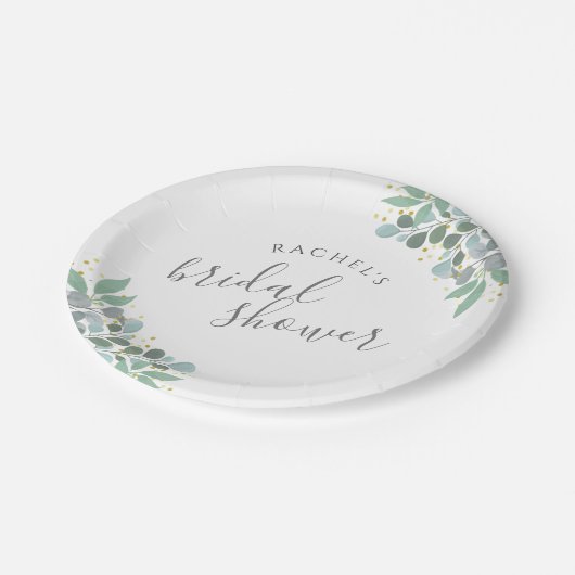 エレガントなユーカリのダスティーブルー ブライダルシャワー ペーパープレート (アングル)
