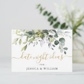 エレガントなユーカリのブライダルシャワーのデートナイトアイデアA アドバイスカード (スタンド正面)