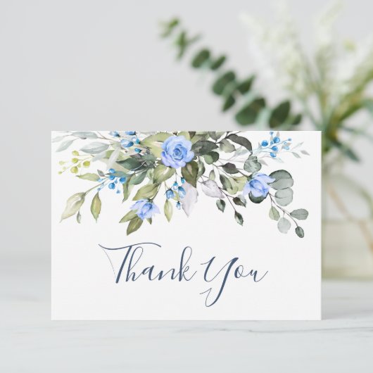 エレガントなユーカリのブルー ダスティ ローズ 緑のボヘミアンスタイル サンキューカード (スタンド正面)