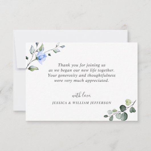 エレガントなユーカリのブルー ダスティ ローズ 緑のボヘミアンスタイル サンキューカード (裏面)