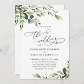 エレガントなユーカリの水彩グリーン ウェディング 招待状 (正面/裏面)