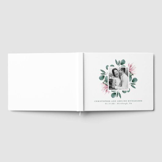 エレガントなユーカリの水彩フレーム写真ウェディング ゲストブック (全面)