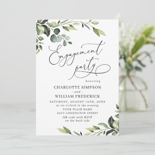 エレガントなユーカリの水彩画エンゲージメントパーティー 招待状 (スタンド正面)