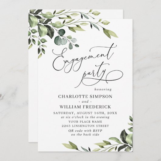 エレガントなユーカリの水彩画エンゲージメントパーティー 招待状 (正面/裏面)