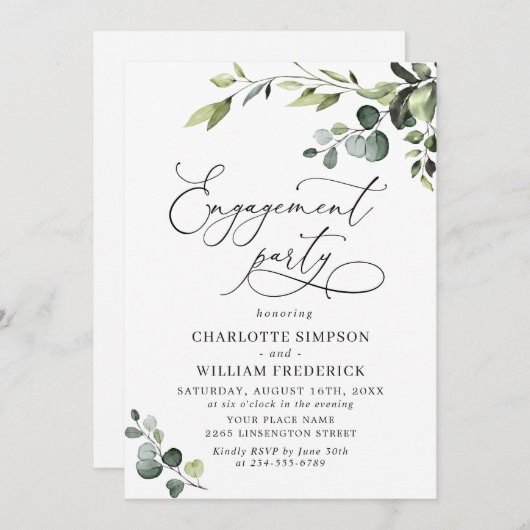 エレガントなユーカリの水彩画エンゲージメントパーティー 招待状 (正面/裏面)