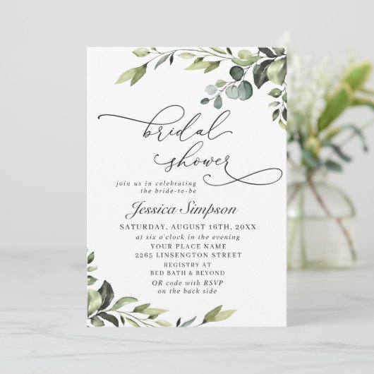 エレガントなユーカリの水彩花のブライダルシャワー 招待状 (スタンド正面)