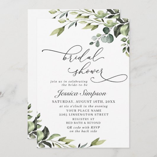 エレガントなユーカリの水彩花のブライダルシャワー 招待状 (正面/裏面)