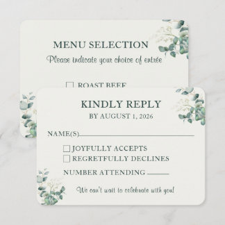 エレガントなユーカリの結婚式RSVP(食事選択あり) 出欠カード