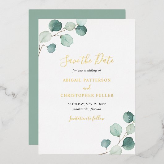 エレガントなユーカリの結婚式Save The Date 箔招待状 (正面/裏面)