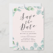 エレガントなユーカリの花輪 ピンクのSave the Dateカード セーブザデート (正面)