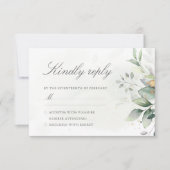 エレガントなユーカリの葉のグリーンゴールドのウェディング 出欠カード (正面)