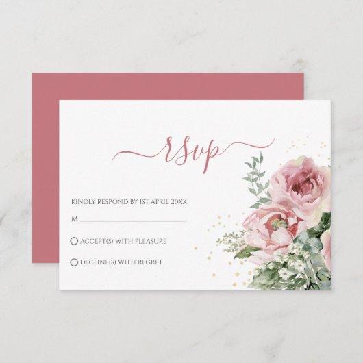 エレガントなユーカリの葉のグリーン ゴールドのウェディング 出欠カード (正面/裏面)