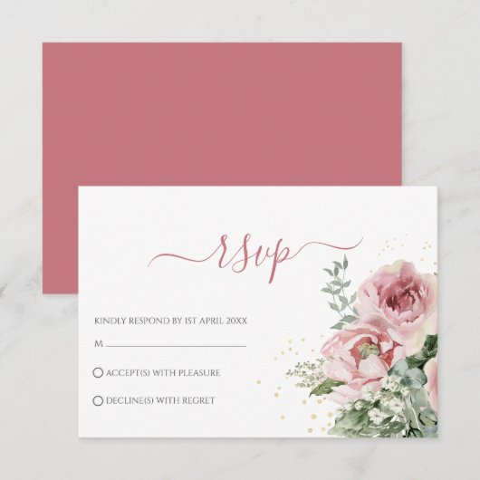 エレガントなユーカリの葉のグリーン ゴールド ウェディング 出欠カード (正面/裏面)