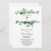 エレガントなユーカリの葉のフレーム ゴールド 洗礼 招待状 (正面/裏面)