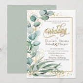 エレガントなユーカリグリーンとゴールドフレームのウェディング 招待状 (正面/裏面)