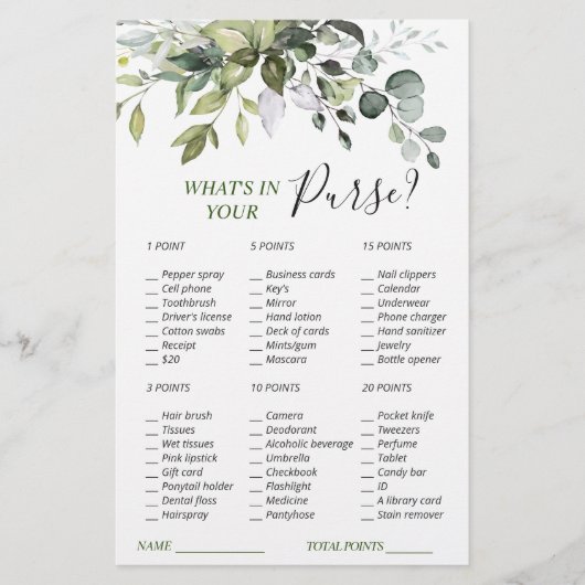 エレガントなユーカリグリーンのブライダルシャワーゲーム (正面)