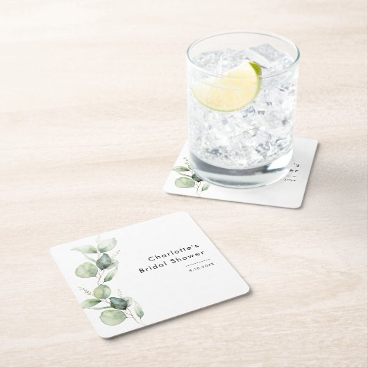 エレガントなユーカリグリーンのブライダルシャワー スクエアペーパーコースター (インサイチュ)