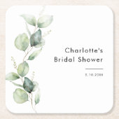 エレガントなユーカリグリーンの花飾り ブライダルシャワー スクエアペーパーコースター (正面)