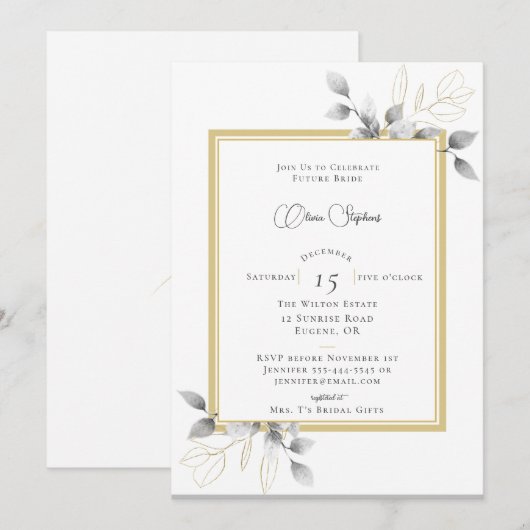 エレガントなユーカリフレームカリグラフィーブライダルシャワー 招待状 (正面/裏面)